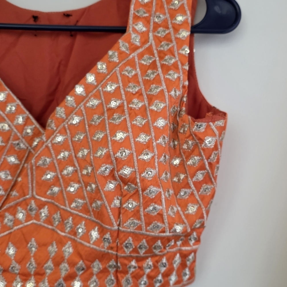 Delightful Orange Sequins, Zari With Embroidered Devsena Silk Lehenga Choli - Picture 10 of 13